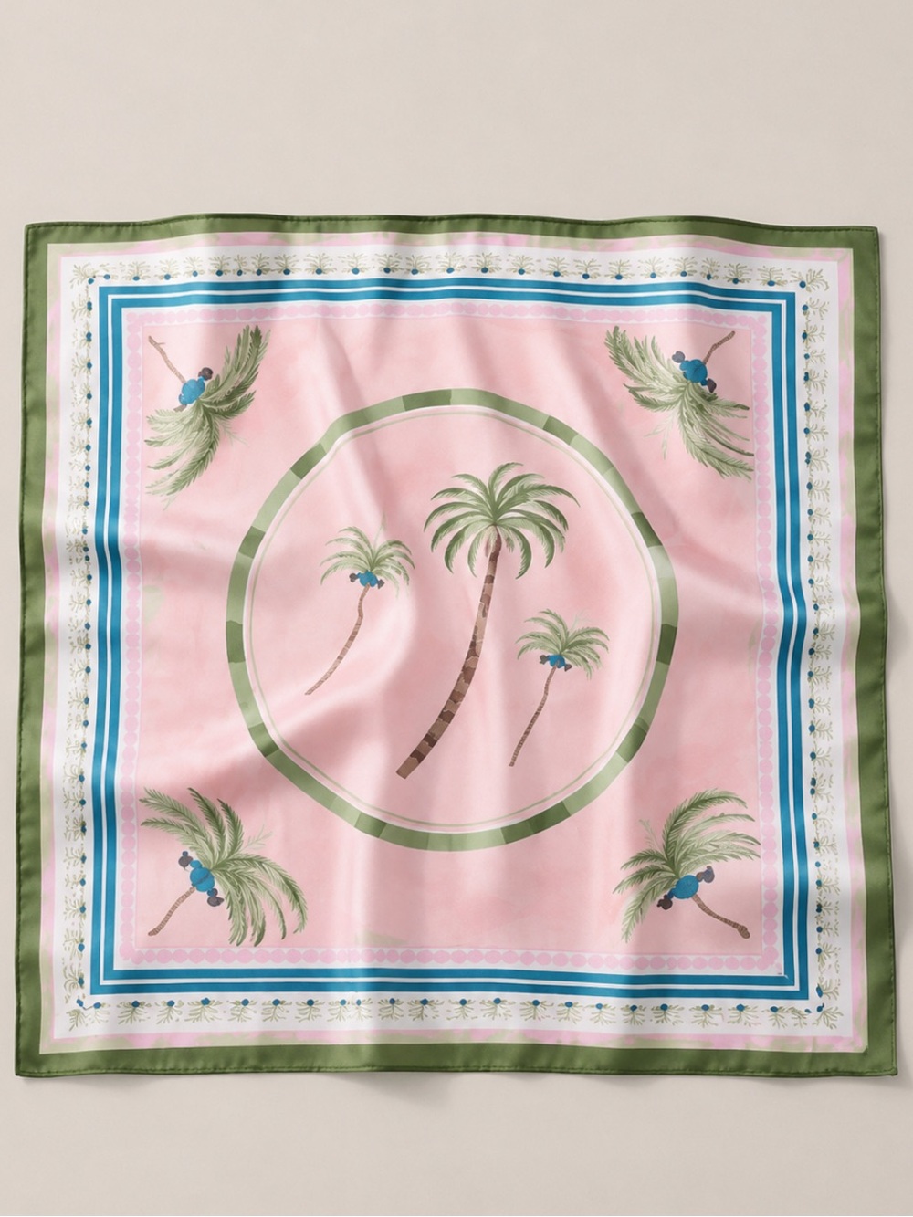 New! Olive Pink Palm Tree Head Bag Neck Hair Scarf NWOT